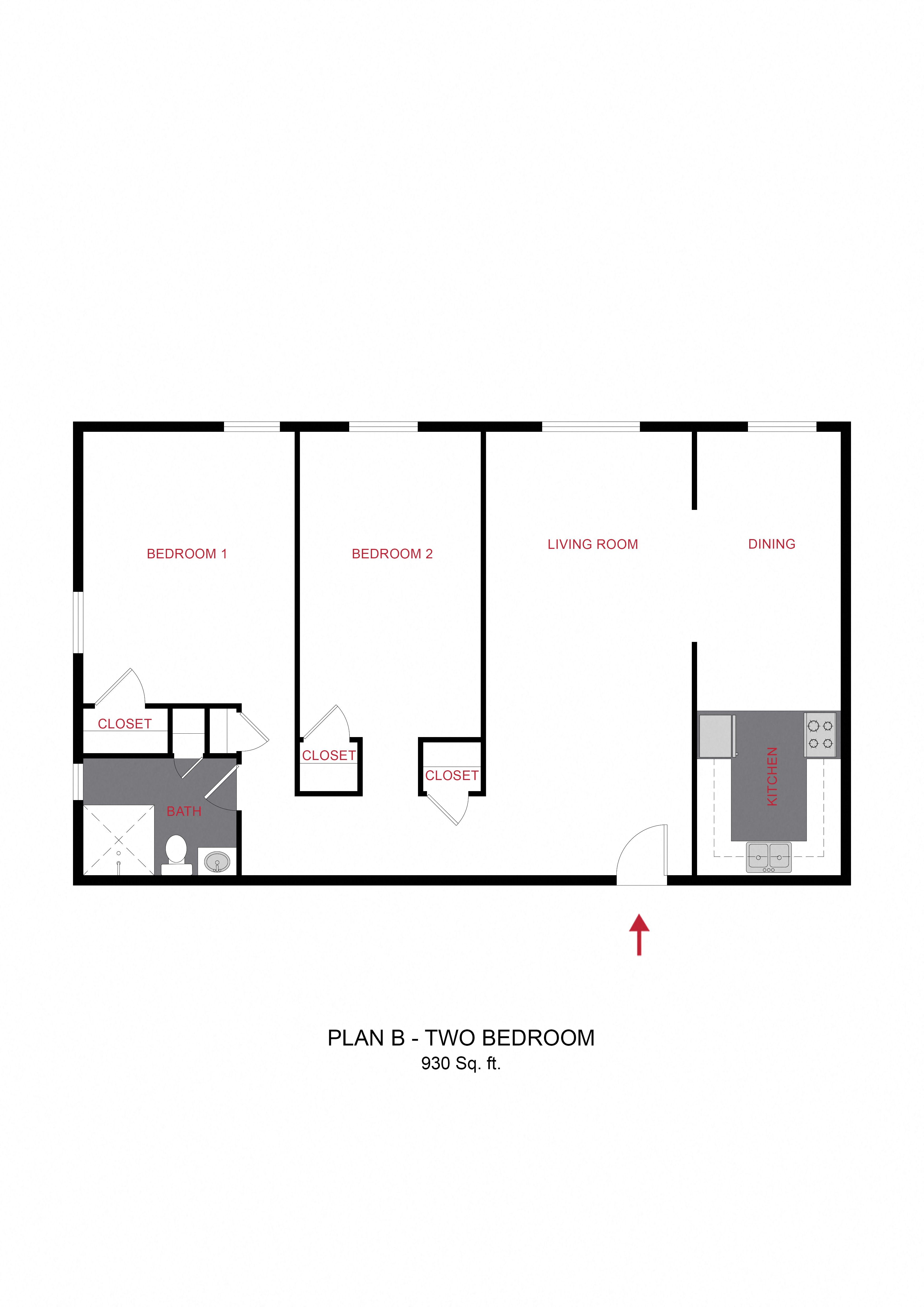 Floor plan for 2 beds, 1 bath, 930 sqft